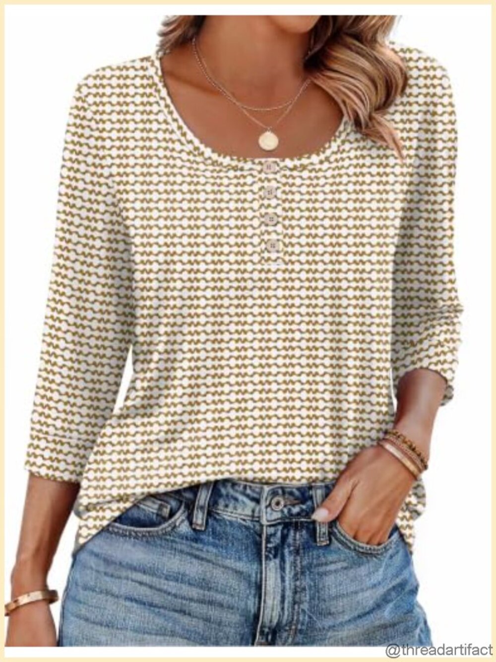 Women's 3/4 Sleeve Scoop Neck Blouse with Wooden Henley Buttons